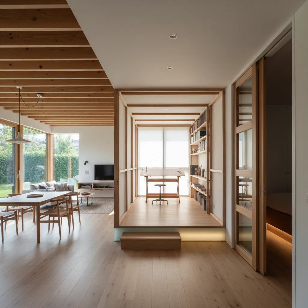 Modern living room featuring wood flooring ceiling beams dining table sofa and raised home office