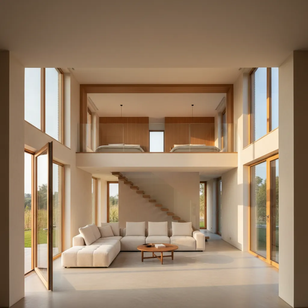Bright living room with white sofa wooden coffee table large windows and a mezzanine bedroom
