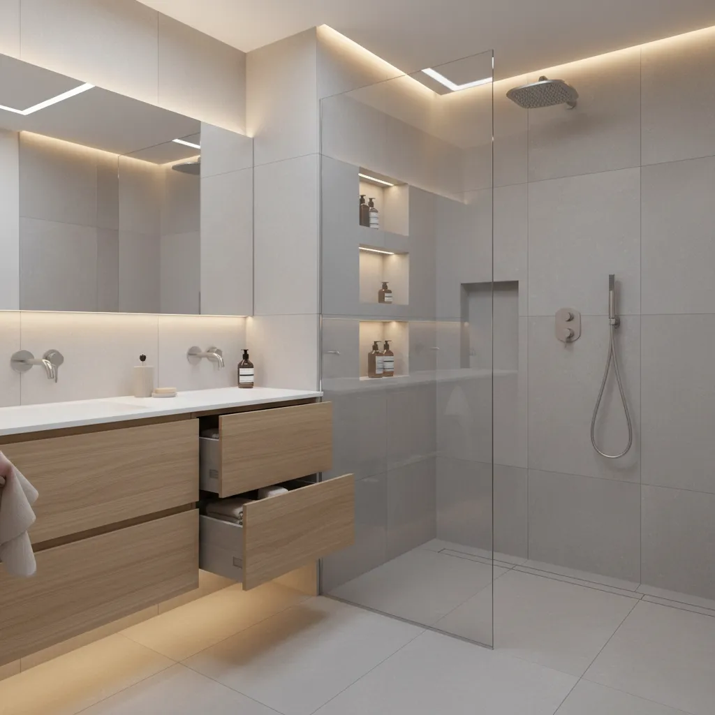 Bathroom with recessed shower niches and a suspended vanity, showcasing invisible storage and visual order.