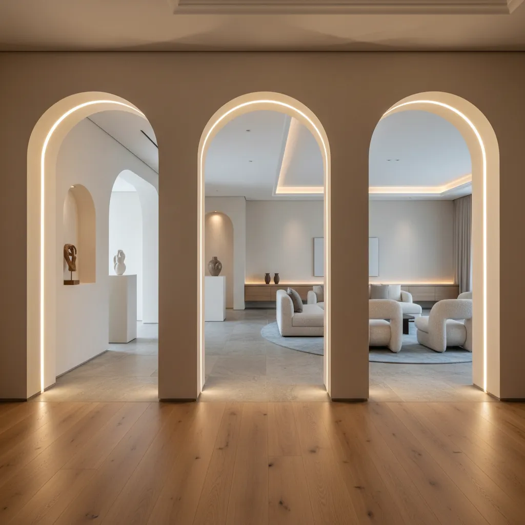 Modern interior with shallow arches and framed portals defining hierarchy and circulation in a restrained, warm palette.