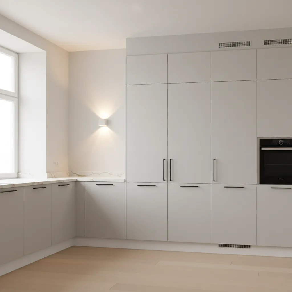 Grey kitchen with light quartz counters and thin black hardware, illuminated by warm and natural light