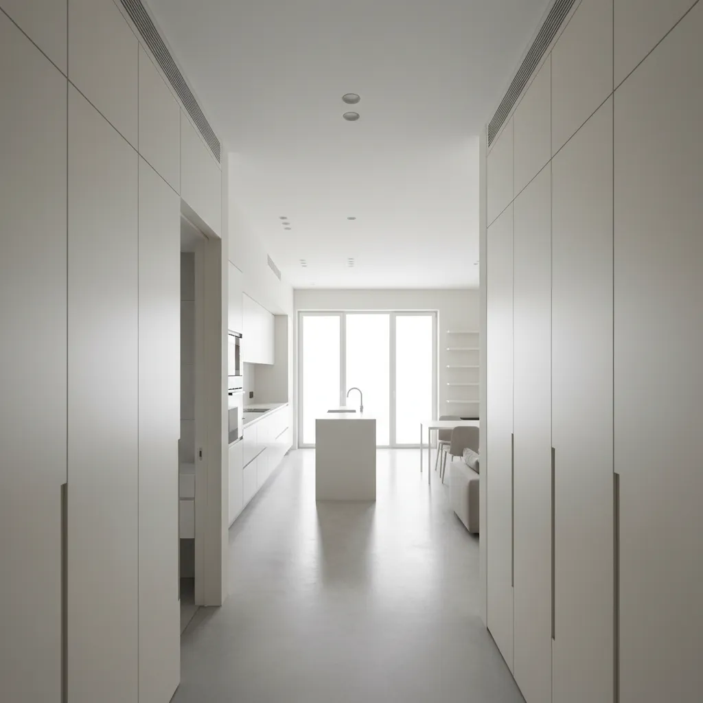 Compact apartment layout with minimal corridor and integrated storage opening into a bright living-dining space