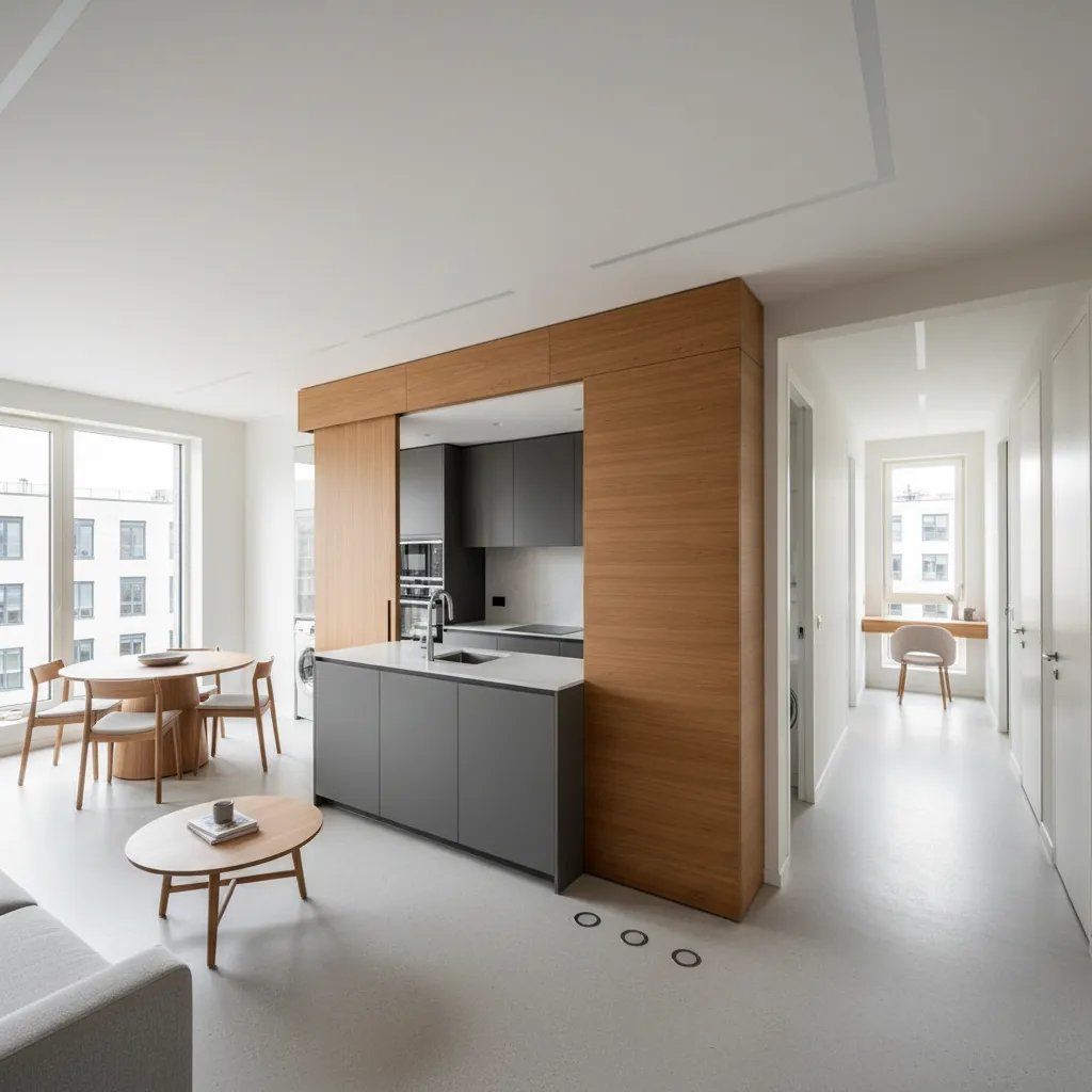 Apartment with compact central core for kitchen and bath, free windowed perimeters and concise circulation.