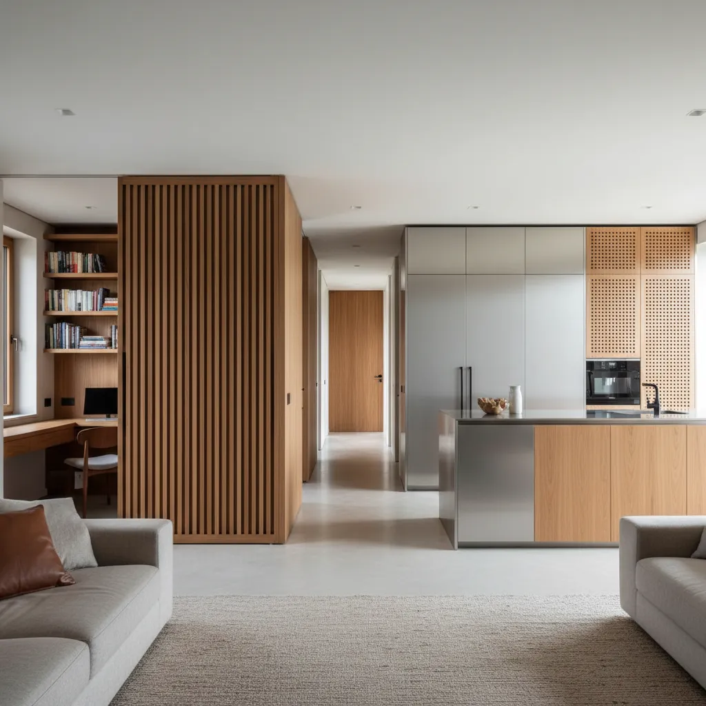 Modern room with wood wall panel partition home office desk kitchen island and grey sofa