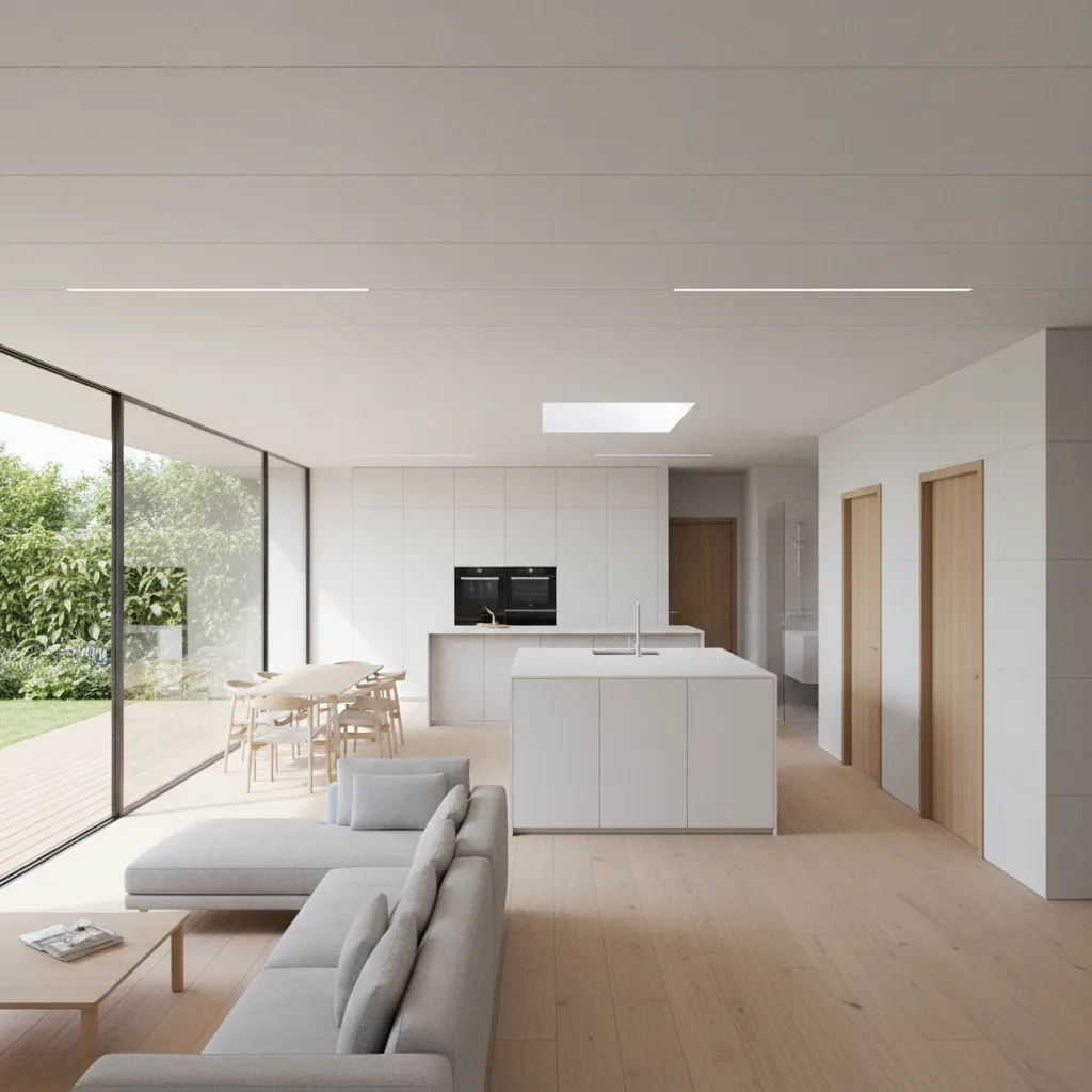 Front day zone with linear living-dining-kitchen, central distributor, and rear bedrooms in a cross layout
