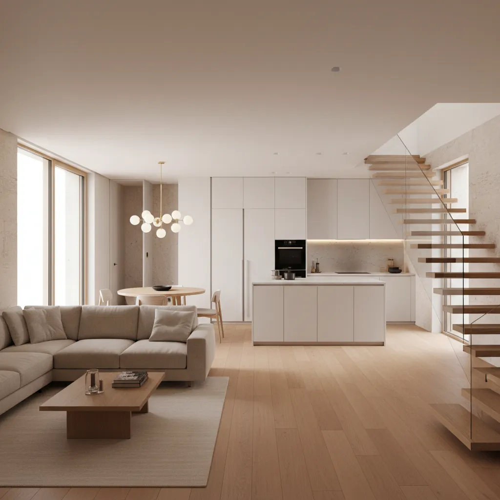 Open-plan ground floor with living-dining, kitchen with island, and lateral stair maximizing light and circulation