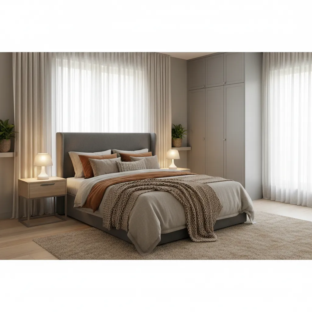 Grey-centered bedroom with greige walls, warm wood side tables, and layered natural textiles