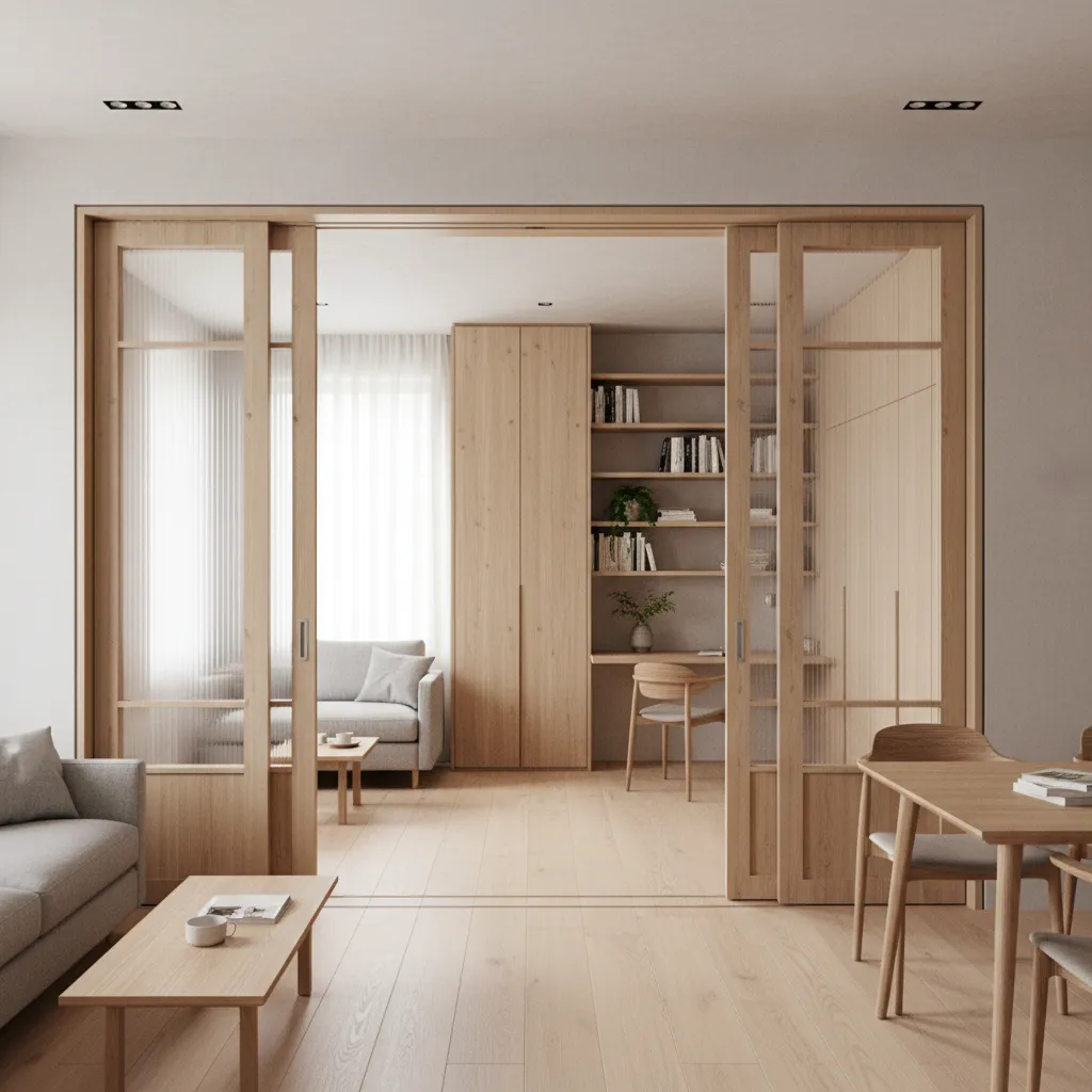 Flexible living-home office zone with wide recessed sliding panels and translucent glass, continuous light and clear zoning.