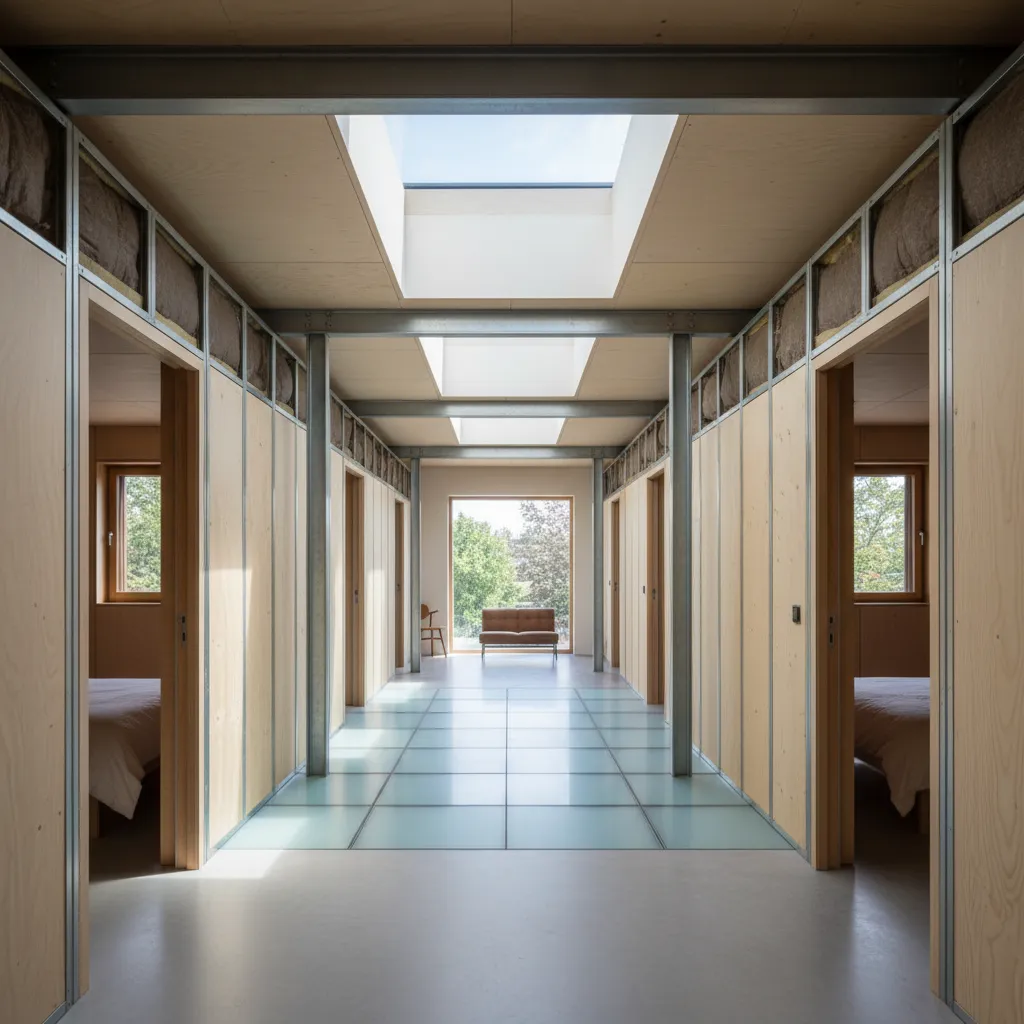 Upper floor corridor with skylights and a lightwell, bedrooms and bathroom organized in a lightweight system