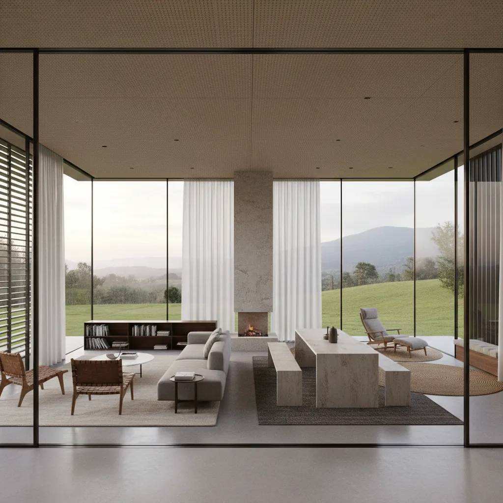 Open glass pavilion interior with zoned areas defined by rugs, furniture, and a central hearth, connected to a green exterior.