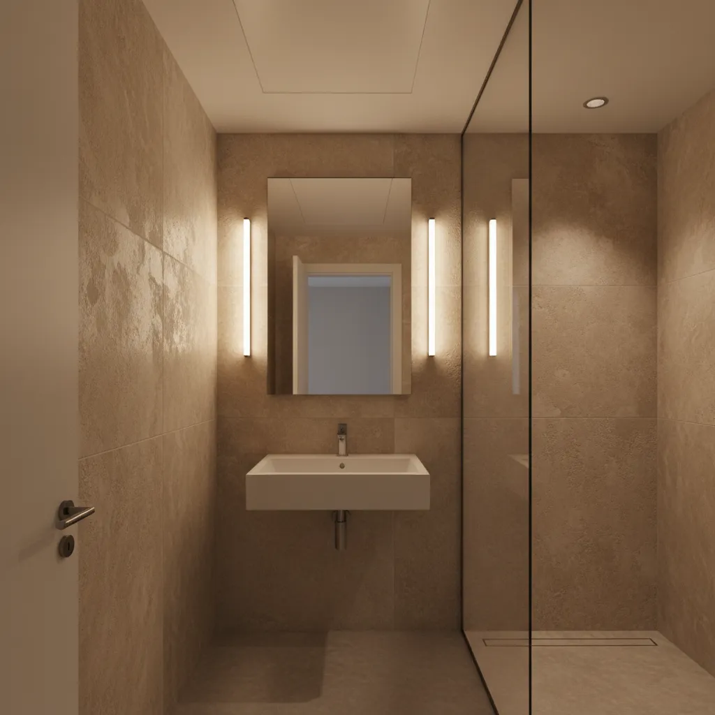 Small bathroom with layered lighting: side sconces at mirror, ambient ceiling light, and spotlight to shower.