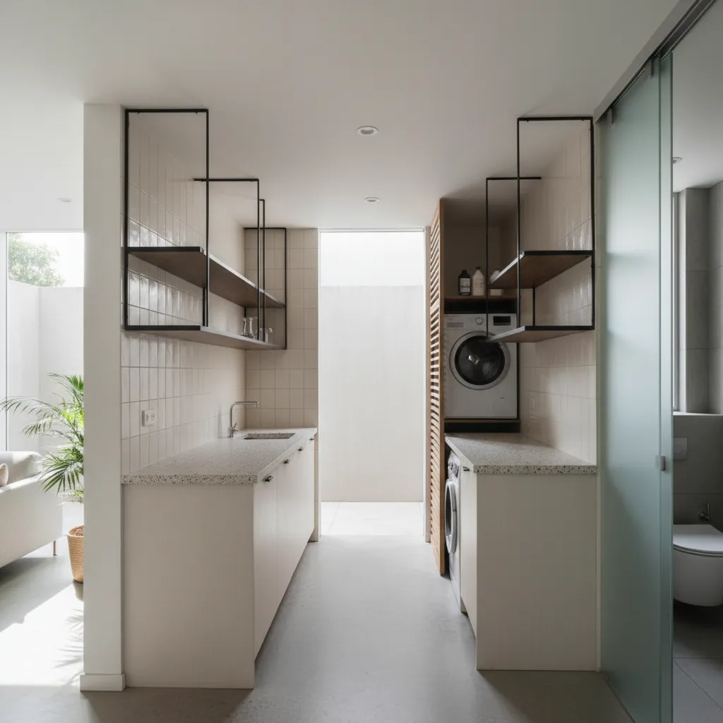 Efficient kitchen and bath core with compact dimensions and suggested cross-ventilation