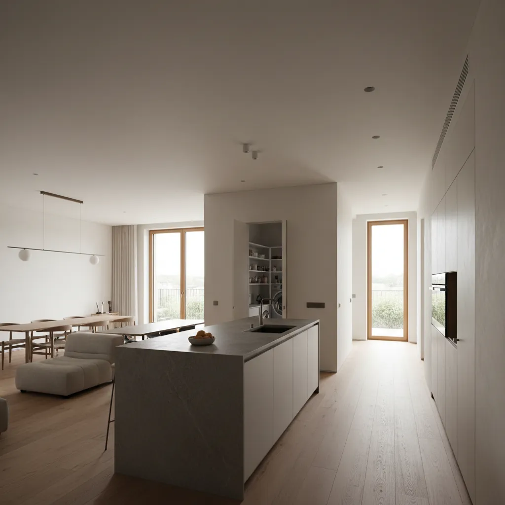 L-shaped interior with grouped wet core, open kitchen-living and a daylit corridor to bedrooms