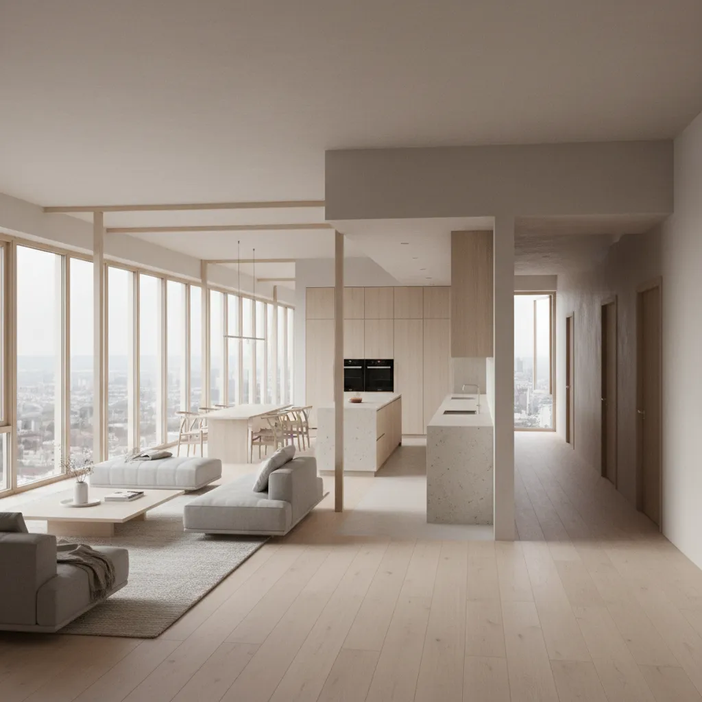 L-shaped apartment with social zone along long facade and private bedrooms on the short leg, clear circulation and cross-light.