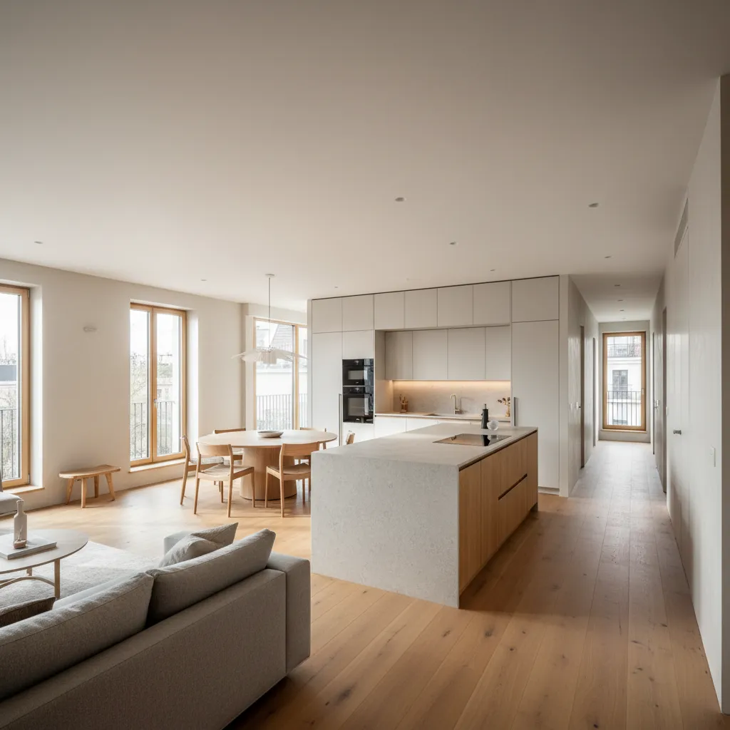 L-shaped apartment with open day zone and corridor to private wing, kitchen island as visual filter