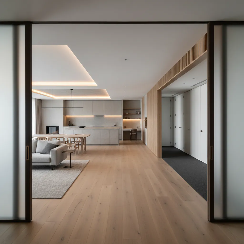 Layered zoning with foyer, semi-private living-kitchen, and corridor to private bedrooms with en-suite