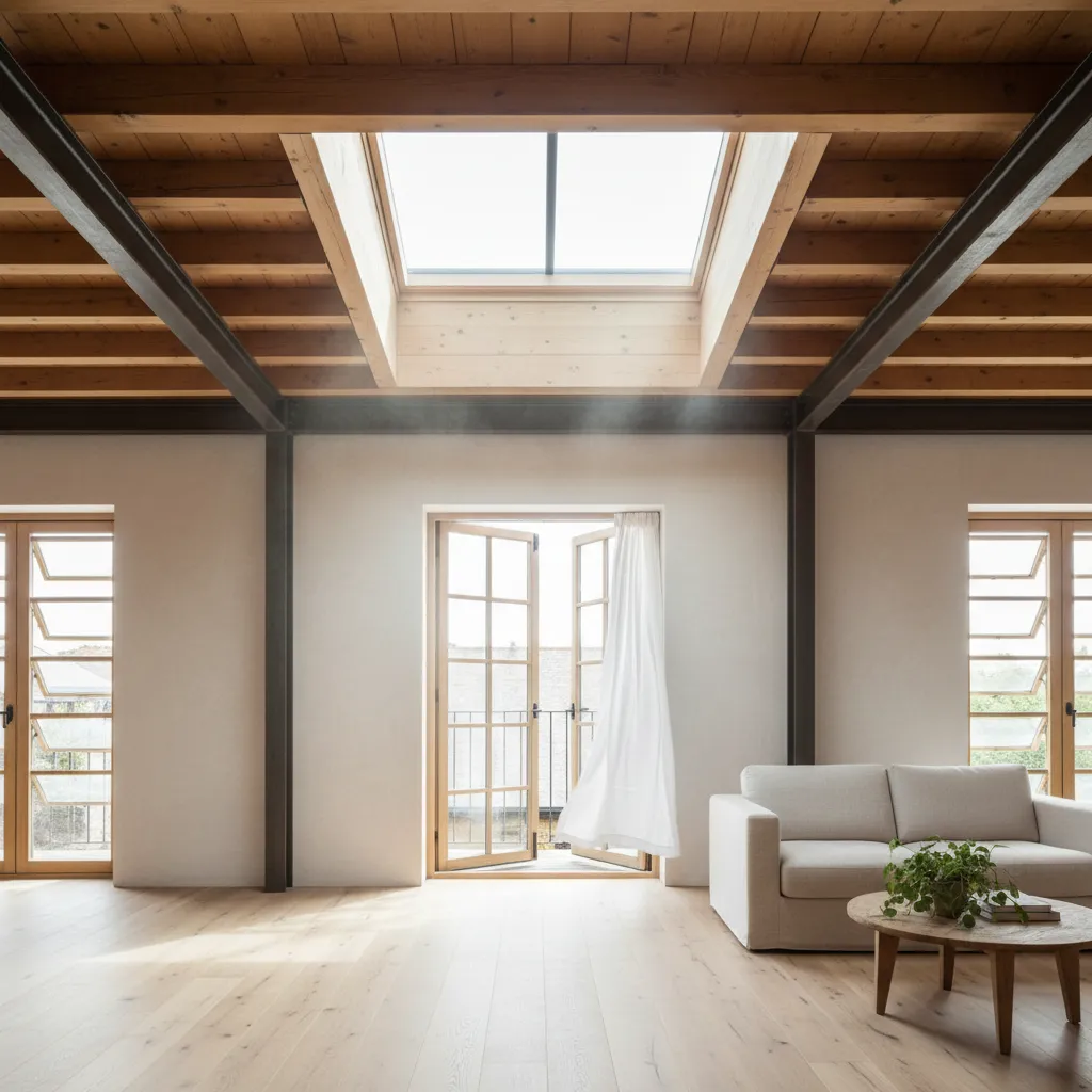 Second-floor space with balcony opening, skylight, and integrated structural reinforcements enabling cross ventilation