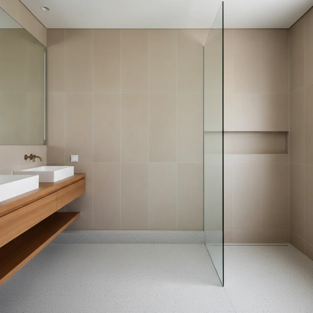 Bathroom interior showcasing large-format porcelain tiles, microcement floor with skirting, and teak elements in dry areas.