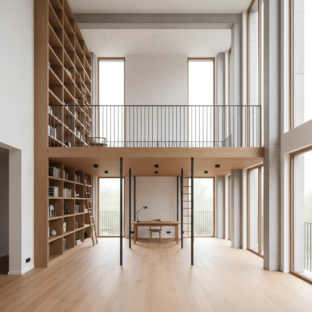 Double-height living room with a timber mezzanine and open balustrade, daylight entering through tall windows