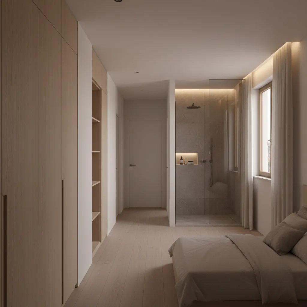 Upper floor with 1 m corridor, built-in storage, primary and secondary bedrooms, and aligned bathrooms for efficient services