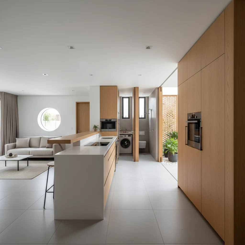 Compact wet core with kitchen connecting social area and service patio, double access and integrated storage