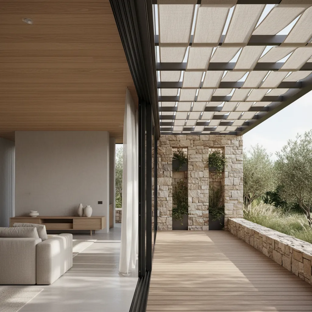 Living room opening to a bioclimatic porch with shading and thick facade for thermal comfort