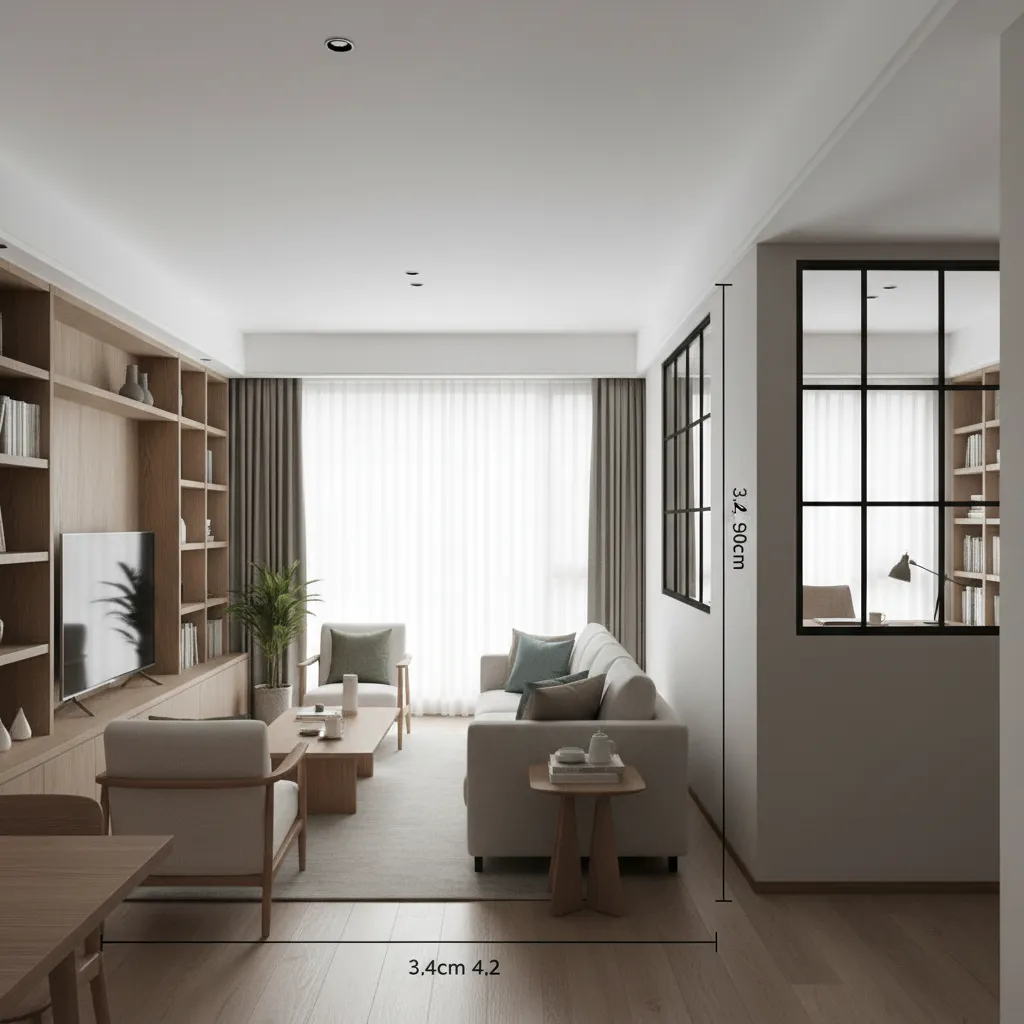 Interior design drawing showing living area with room dimensions wooden bookshelf sofa and glass partition