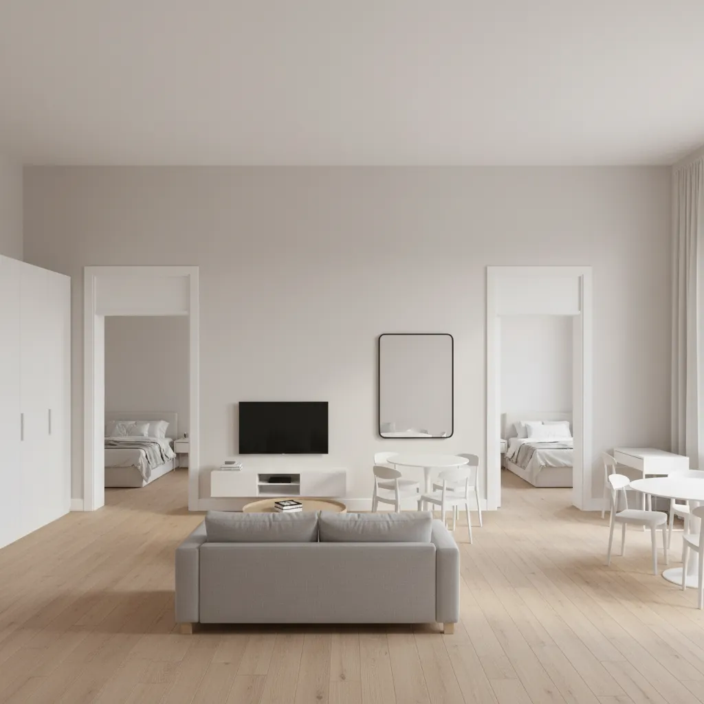 Living-dining space with clear proportions and doorways to well-sized master and secondary bedrooms