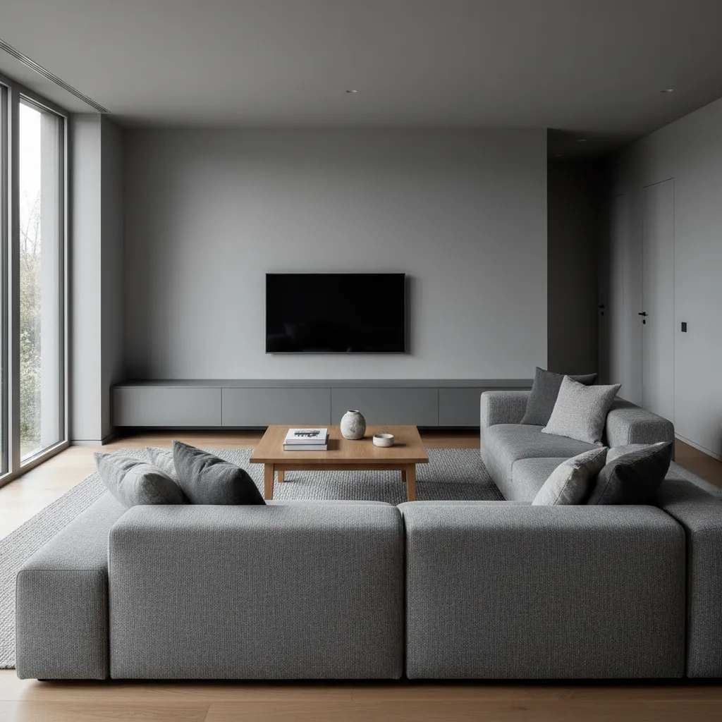 Grey-based living room balanced with warm oak elements and tactile textiles under soft daylight