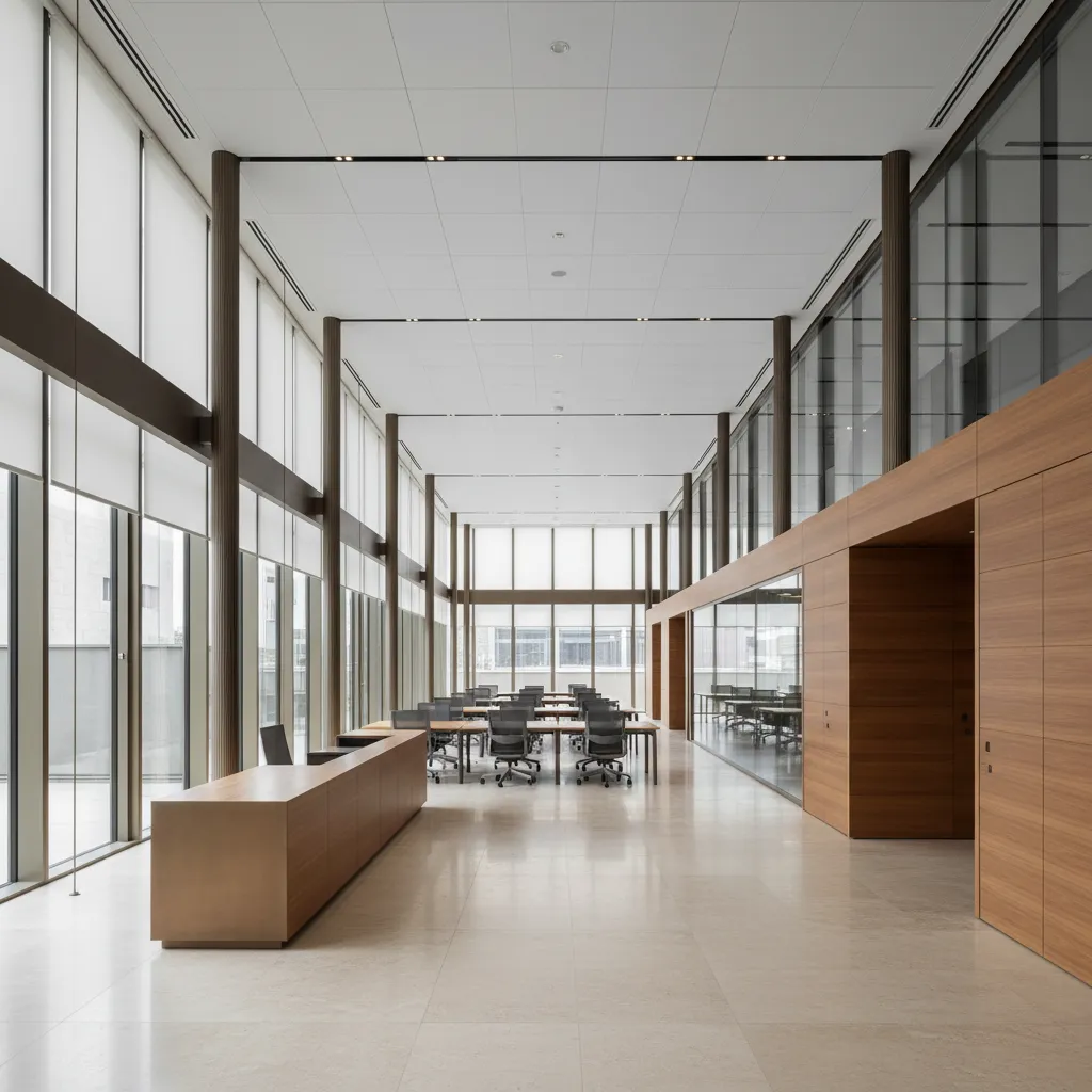 Ordered office interior with a clear structural grid, modular partitions, generous circulation, and refined materials.