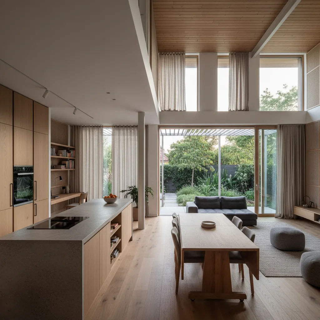 Open-plan kitchen, dining, and living connected to a patio with diagonal sightlines and cross-ventilation