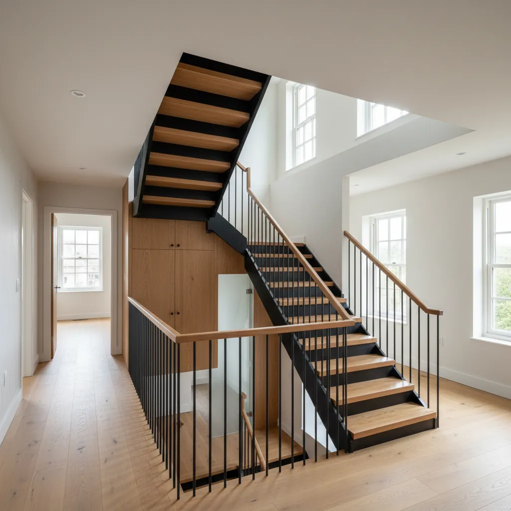 Central staircase shaping second-floor circulation with permeable balustrades and integrated storage