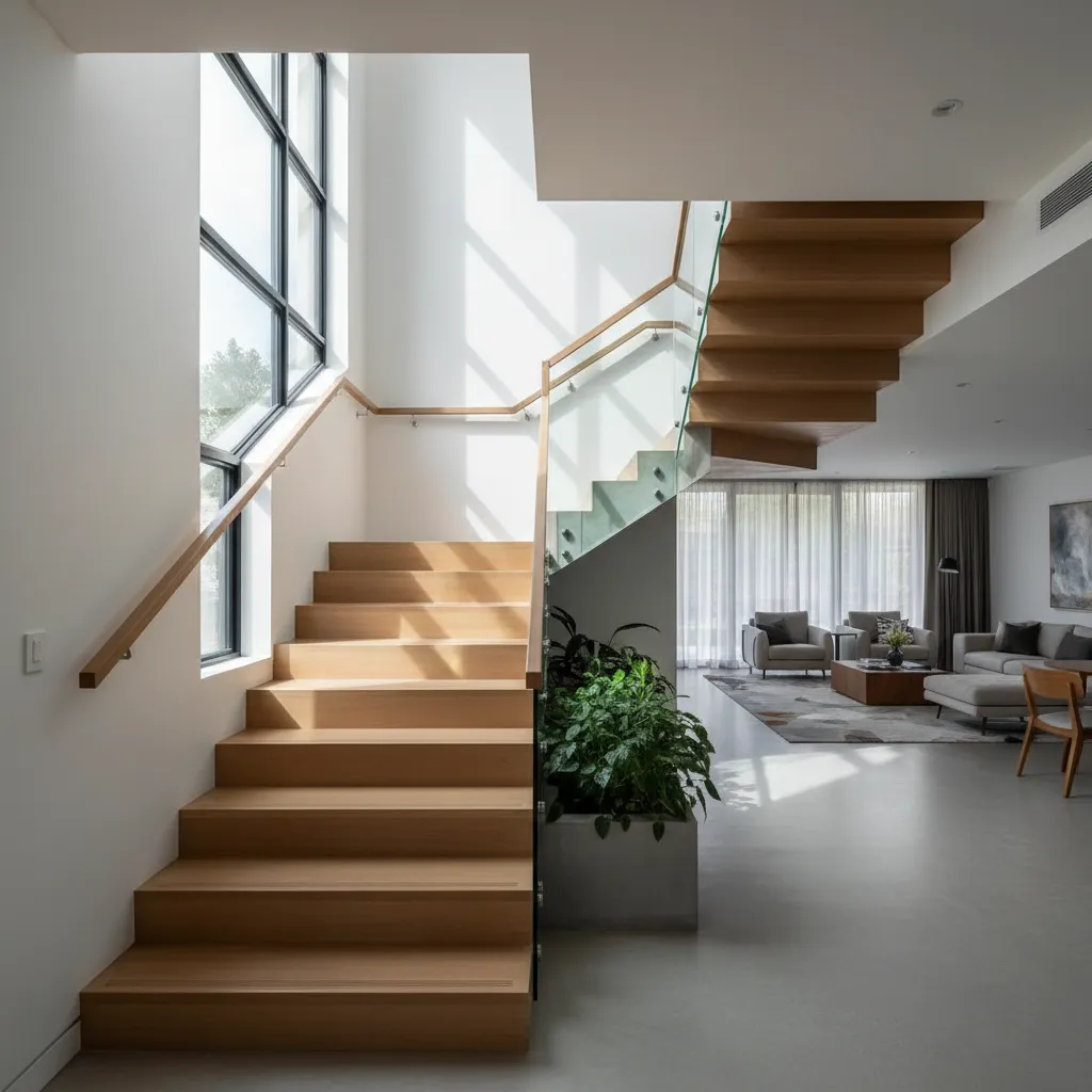 Central staircase with mid-landing and lateral daylight organizing circulation between floors