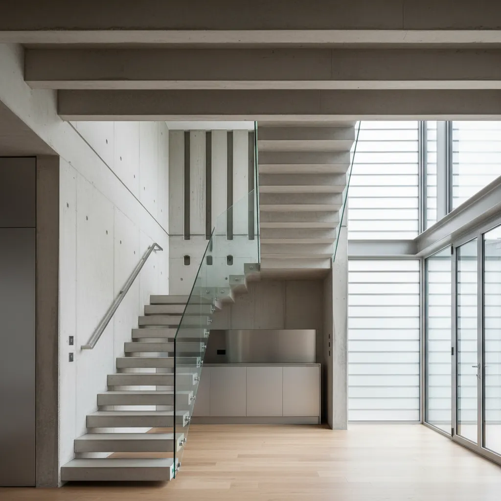 Interior emphasizing a two-flight stair, aligned service cores, and a light well with clear structural organization