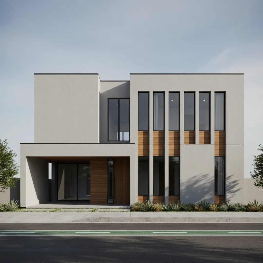 Clean two-story facade with stacked volumes and vertical window alignment, subtle recessed entrance and balanced solid-void proportions