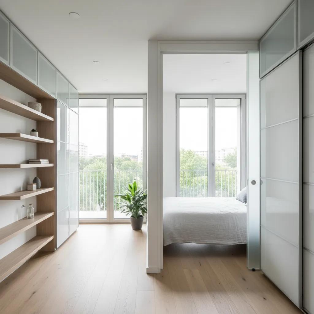 Bright white room with wooden shelves green plant glass door bed and large balcony windows