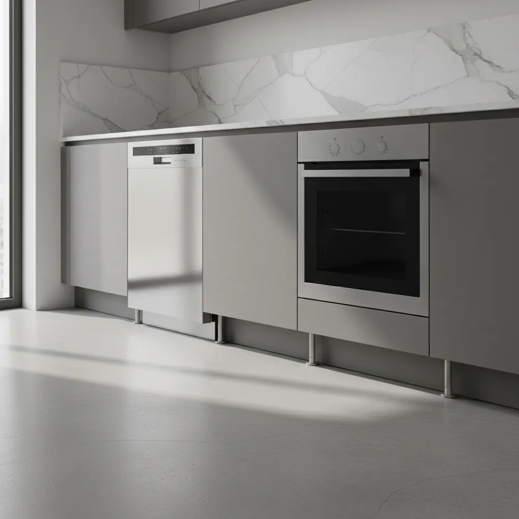 Kitchen base with precise plinth line and contrasted countertop thicknesses showing their impact on final height