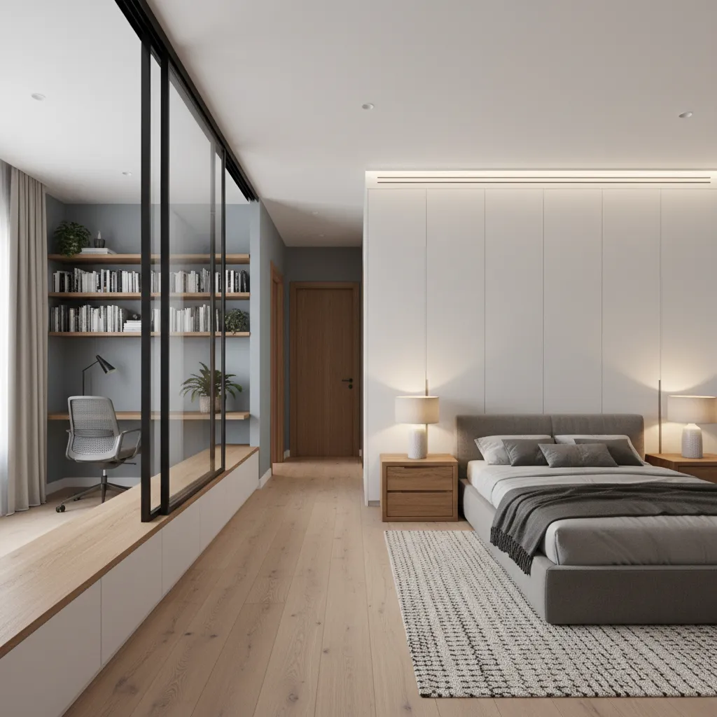 Proportioned bedroom with linear wardrobe and a nearby flexible study, organized for privacy and storage