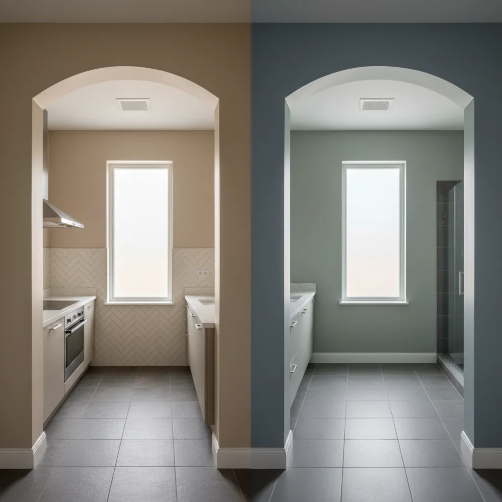 Kitchen and bathroom interiors with moisture-appropriate finishes and mid-tone walls under soft daylight.