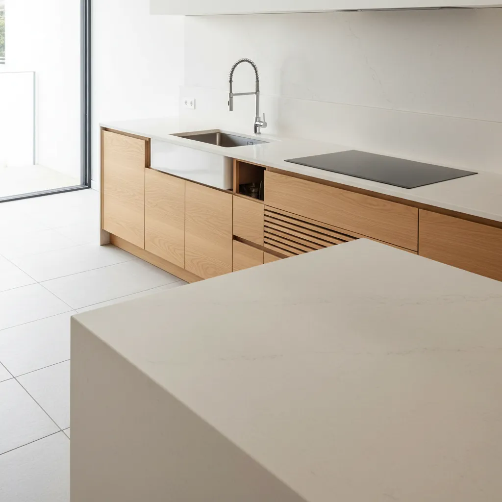 Kitchen with differentiated heights for sink and cooktop and a slightly higher island for social use