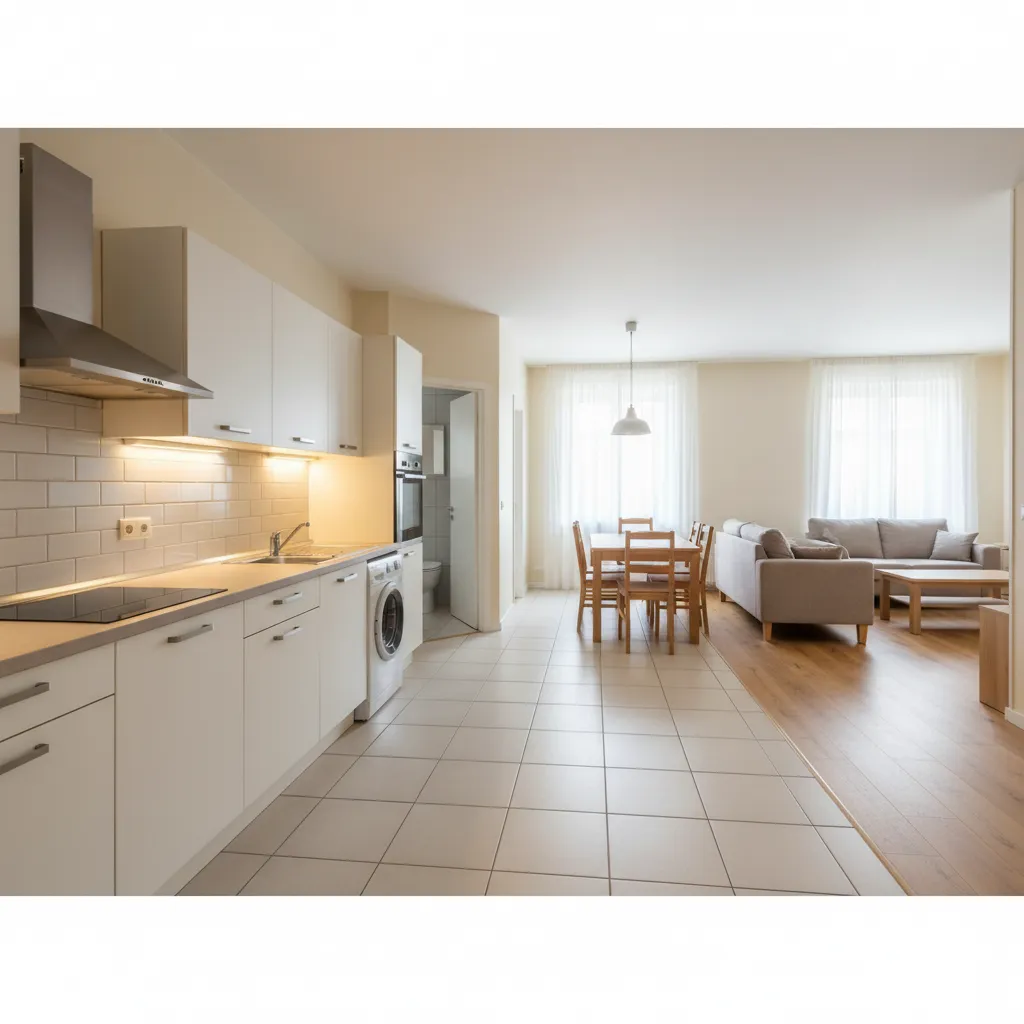 Linear kitchen along a services wall with grouped wet areas, open dining for six, and cross-ventilated living space.