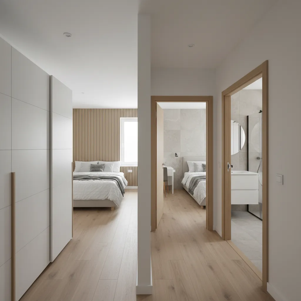 Upper-floor bedroom and bathroom layout with realistic dimensions, clear circulation, and soft natural light