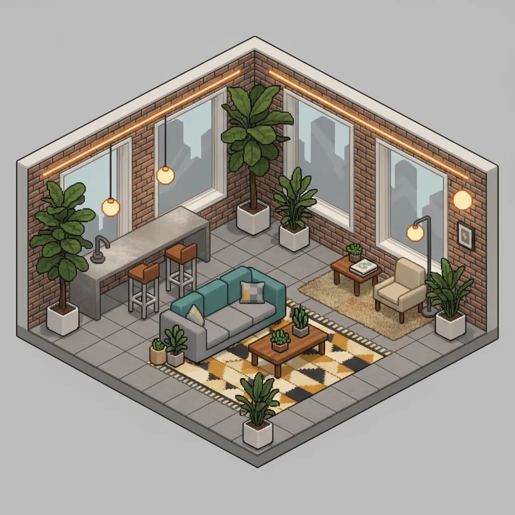 Habitación Habbo estilo loft moderno con decoración minimalista y plantas