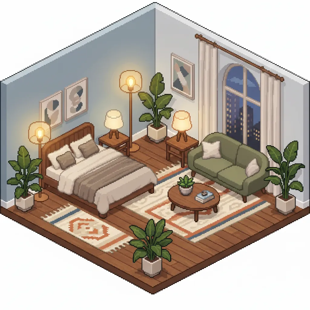 Habitación Habbo diseñada como un apartamento realista con iluminación y decoración equilibrada