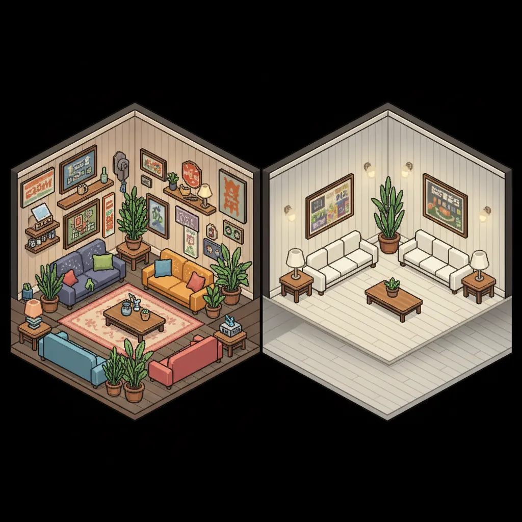 Comparación entre una habitación Habbo sobrecargada de muebles y otra con diseño minimalista
