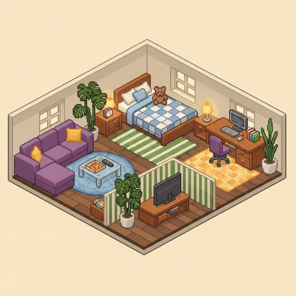 Habitación Habbo organizada en zonas funcionales como sala, dormitorio y escritorio