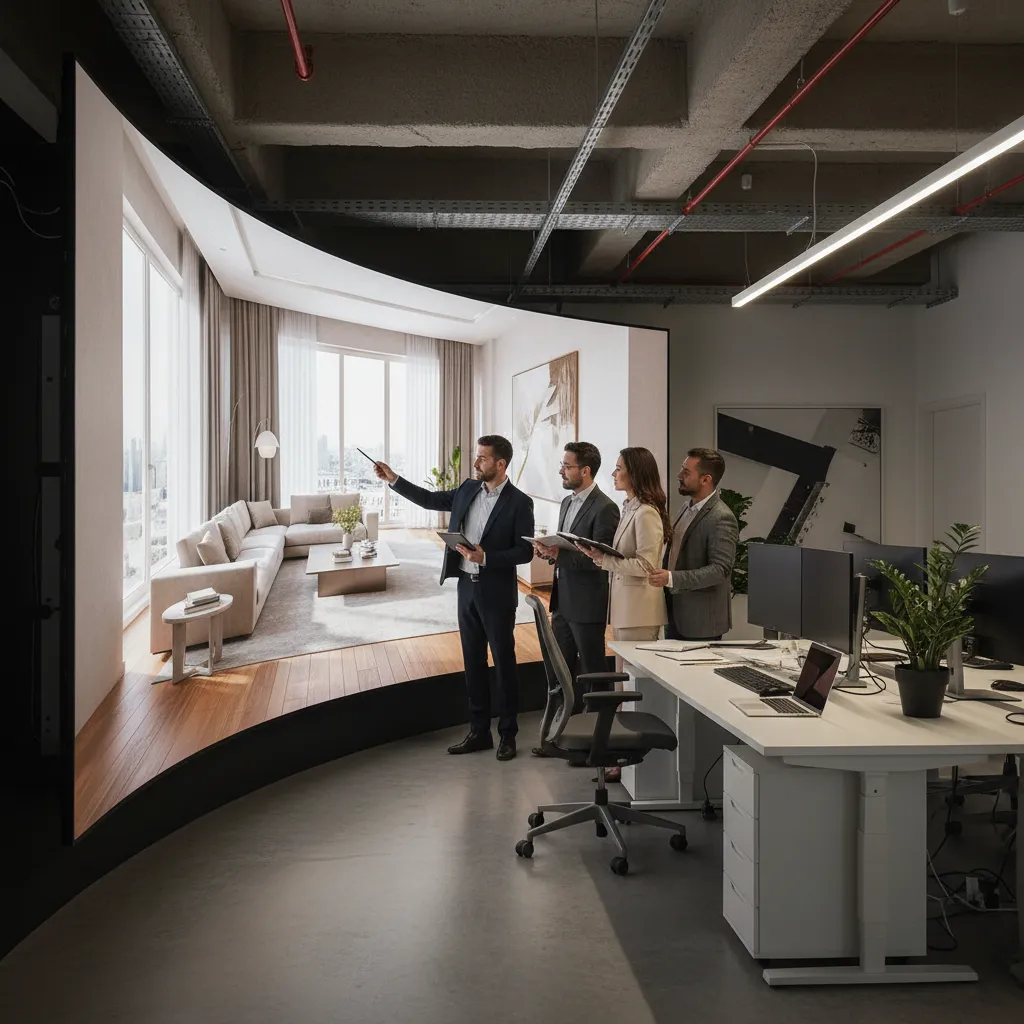 Equipo creativo revisando un modelo 3D de interior en pantalla grande