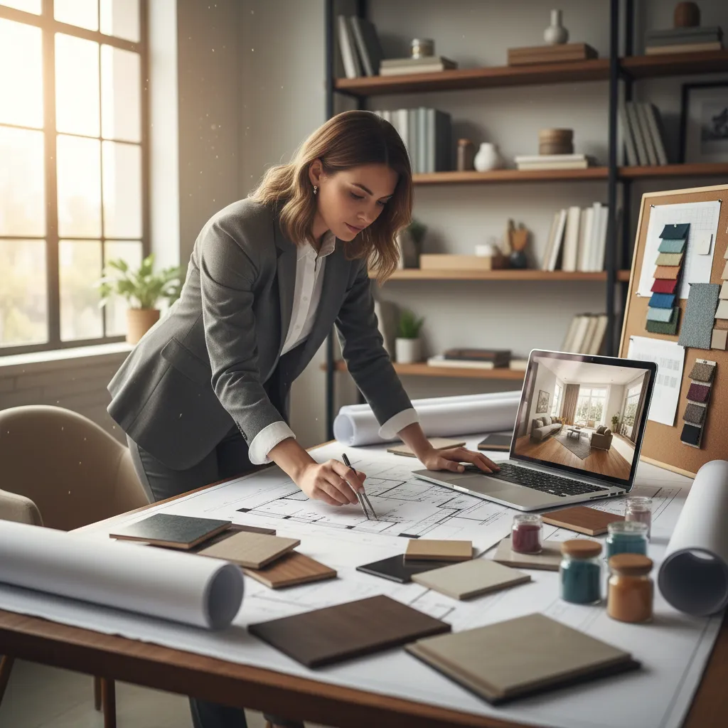diseñador revisando plano arquitectónico en estudio de interiorismo