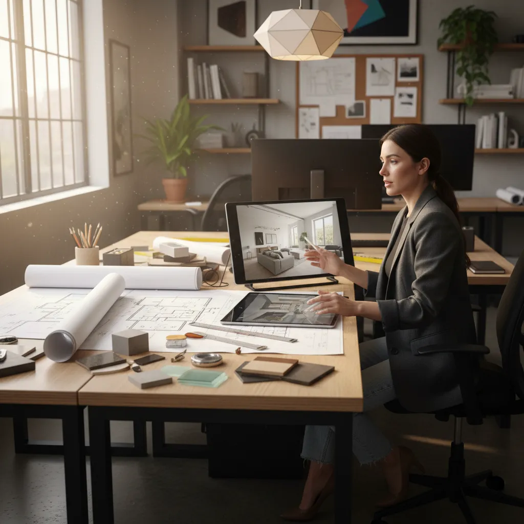 Female interior designer working at desk with floor plans and screens showing modern room designs