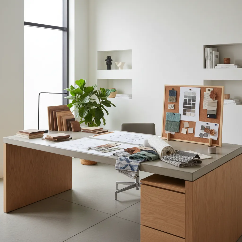 Mesa de trabajo con muestras de materiales y planos de interiorismo
